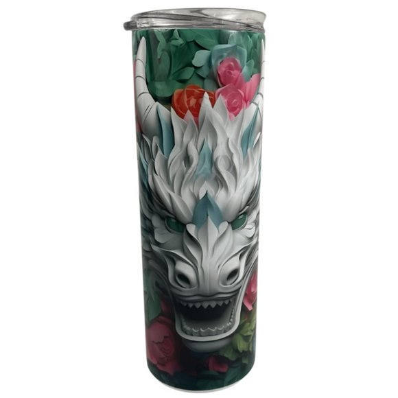 Skinny Tumbler 20oz 3D Dragon Colorful Paper Dragon and Flowers Stainless-Steel - Picture 3 of 10